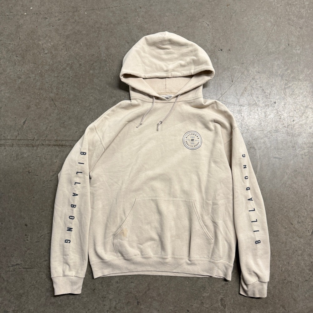 Billabong Mens Premium Pullover Hoodie Beige Graphic Sleeve Logo Sweatshirt L